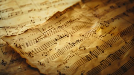 A close-up shot of old, faded sheet music with handwritten notes and clefs. The paper is crinkled and worn, suggesting a long history of use and enjoyment.