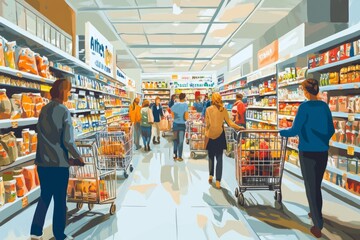 A busy supermarket scene showing shoppers browsing various products. Bright aisles filled with colorful packages create a lively atmosphere. Perfect for retail themes. Generative AI