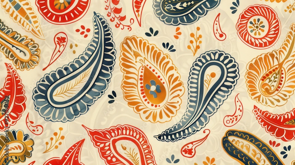 Aufkleber a pattern of paisley designs in blue, orange, red, and yellow is set on a light beige background. th