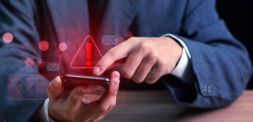 Emergency warning alert alarm on Smartphone, Email inbox alert and spam virus with warning, email...