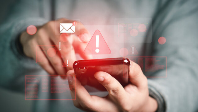 Emergency warning alert alarm on Smartphone, Email inbox alert and spam virus with warning, email security protection alert, Data network protection, Virus alarm. 