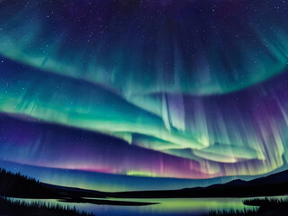 幻想的な夜にオーロラが出ている風景