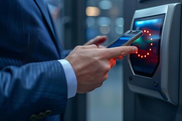 Businessperson Arming Entrance Security System with Mobile Phone: A Detailed Close-up