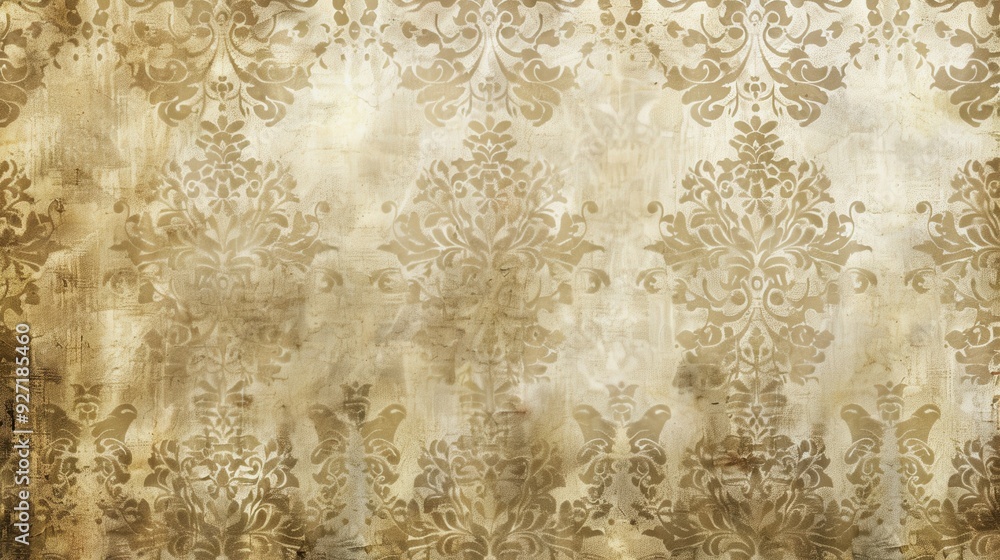 Poster a close-up of an antique wallpaper with a repeating pattern of gold damask. the wallpaper is faded a