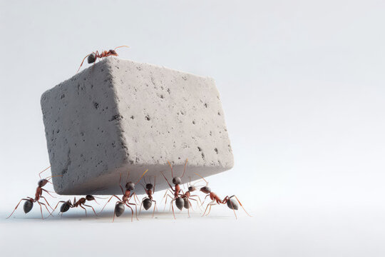 Ants are trying to lift a large concrete block. Space for text.