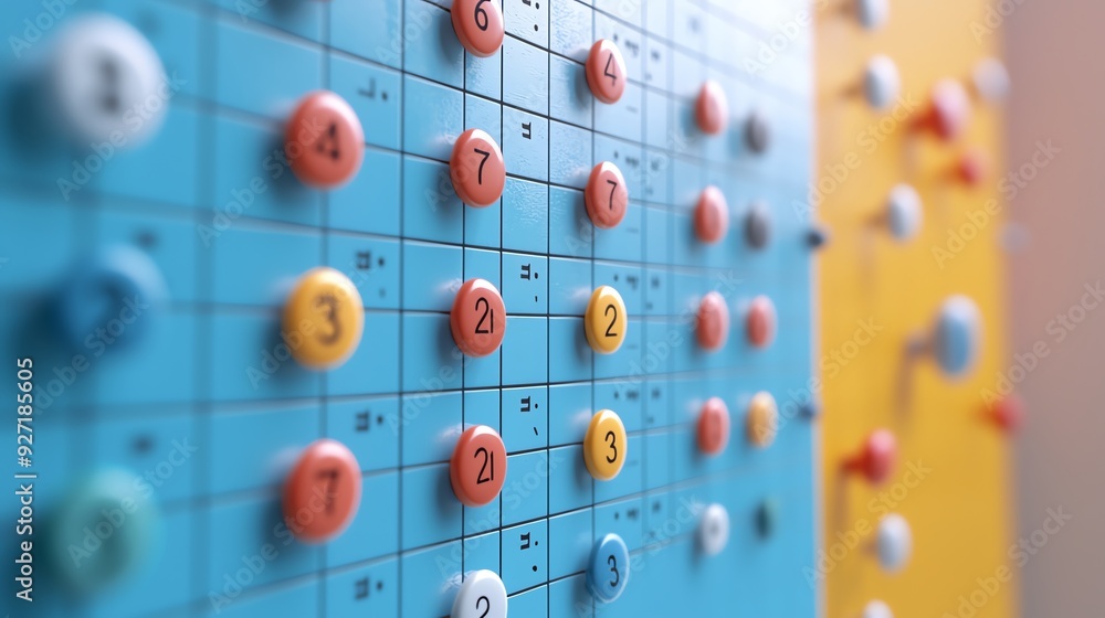 Poster close-up of colorful buttons on a grid, showcasing vibrant patterns and numbers for educational or a