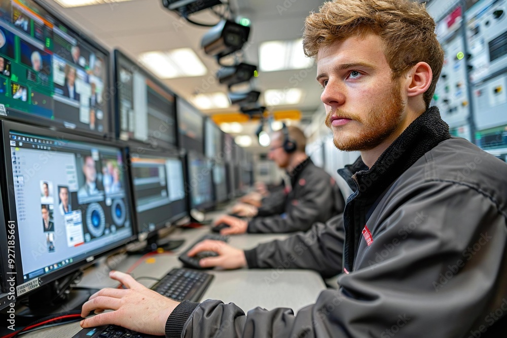 Poster young male operator monitoring multiple cameras on computer screens
