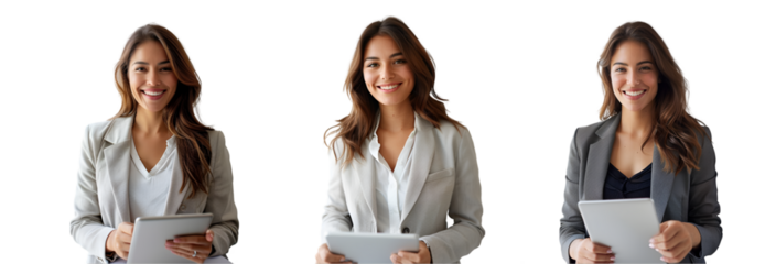 Female businesswoman working with tablet on transparent background