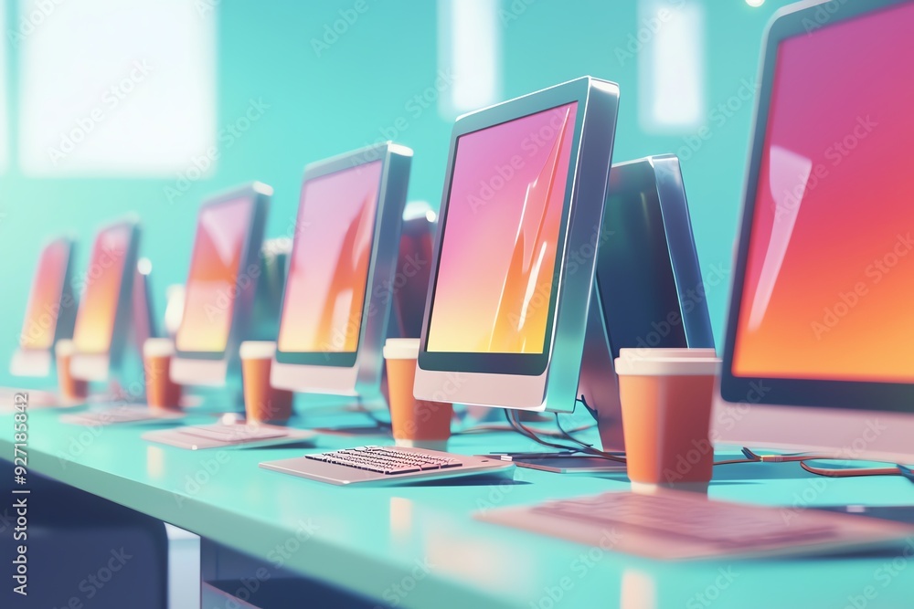 Poster modern workspace featuring sleek computers and coffee cups, perfect for creative and tech-focused en