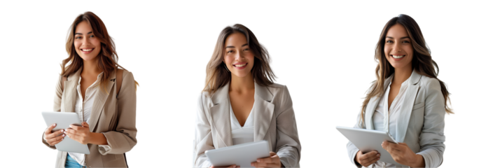Female businesswoman working with tablet on transparent background