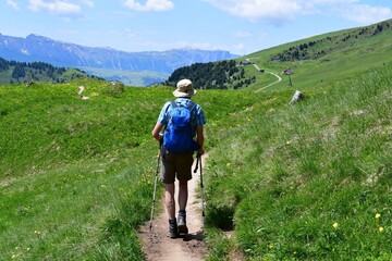 Mann wandert auf Seceda in Südtirol 