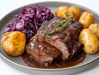Roasted beef tenderloin with red cabbage and roasted potatoes