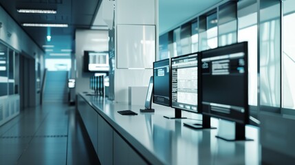 A modern office space with multiple computer screens on sleek desks, bathed in a cool, blue-toned light, showcasing a high-tech work environment.