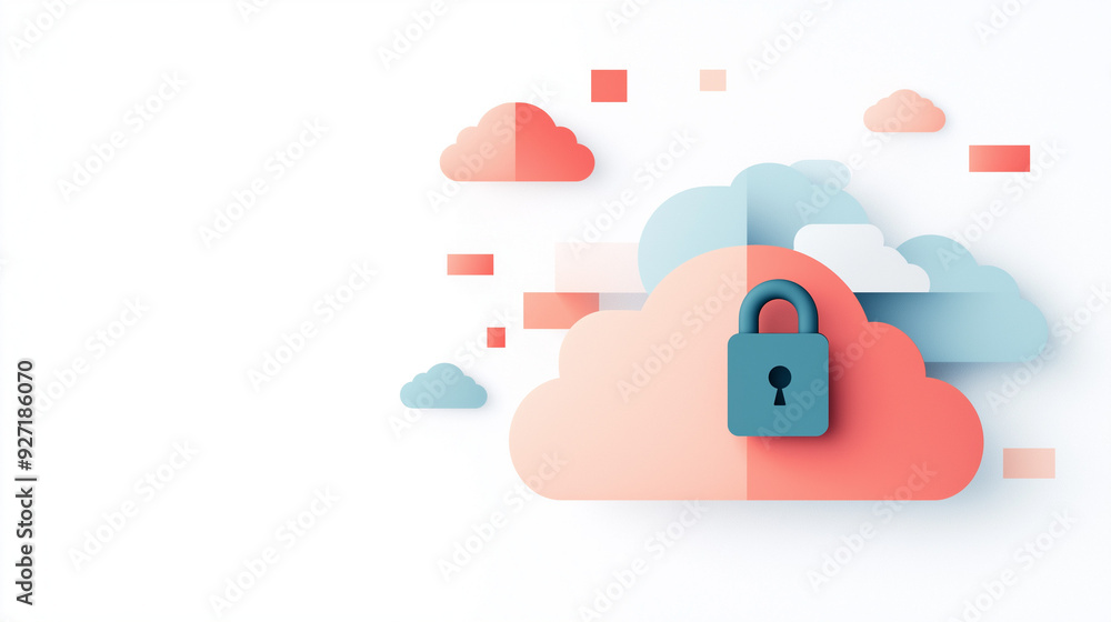 Poster abstract illustration of cloud security services, stylized cloud icon integrated with a secure padlo