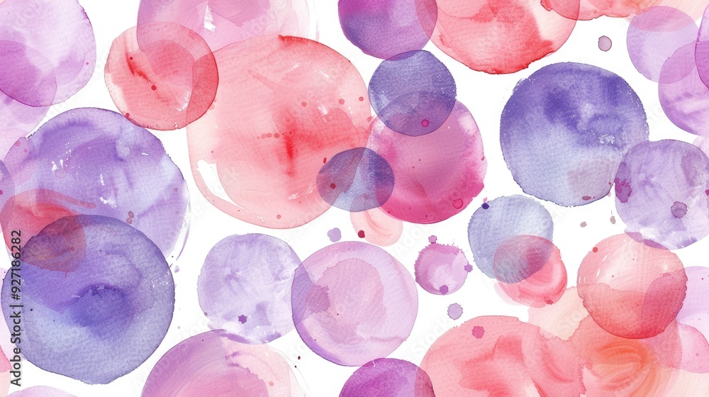 Poster an abstract watercolor painting with various sizes of pink and purple circles on a white background.