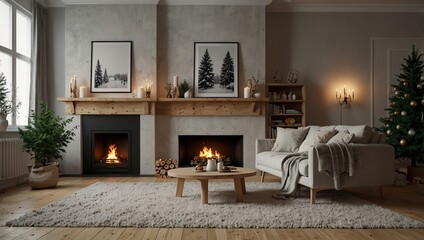 Scandinavian and cozy home living room with fireplace, staircase, Christmas tree, decor