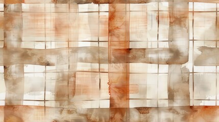 A watercolor painting featuring a grid pattern with overlapping shapes in brown, beige, and white hues. The image creates a textured and abstract visual experience.