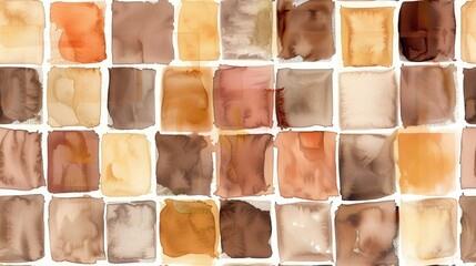 A watercolor painting featuring a grid of square tiles painted in a range of earthy tones, from pale beige to rich brown. The tiles are arranged in a regular pattern and are painted with a loose, expr