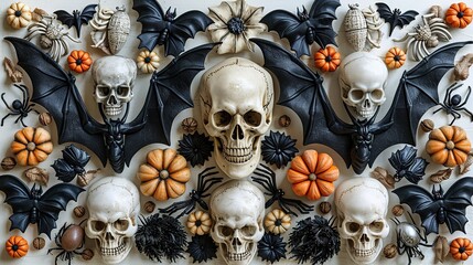 A Halloween holiday concept flat lay features bats, skeleton arms, skulls, ghosts, and spiders on a white background, ideal for a party invitation.