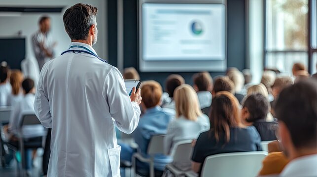 Doctor standing in a seminar. The image is ideal for illustrating medical presentations, conferences, or training.