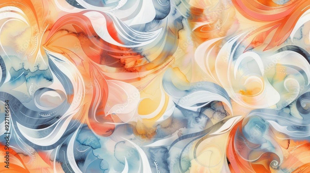 Poster an abstract painting in watercolor featuring a swirling pattern of orange, blue, and white. the back
