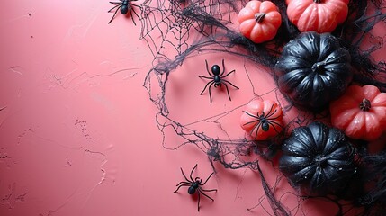 A Halloween holiday concept includes white pumpkins, cute decorations, spiders, webs, and ghosts on a pastel pink background for a greeting card design.
