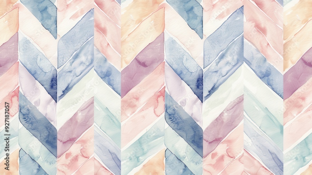 Poster An abstract watercolor pattern featuring a chevron design in pastel colors, including blues, pinks, and yellows. The pattern is seamlessly repeating, creating a visually appealing and calming backgrou