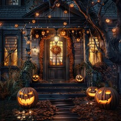 Obraz premium Halloween pumpkins and carved jack o lanterns on the front porch of an old house decorated with lights