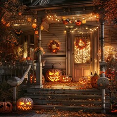 Obraz premium Halloween pumpkins and carved jack o lanterns on the front porch of an old house decorated with lights