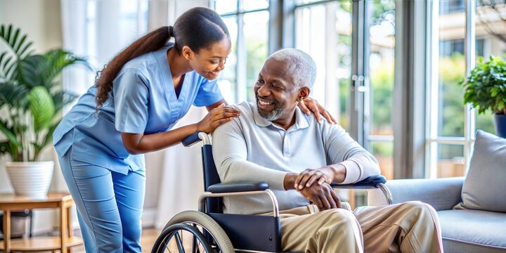 senior man and nurse with disabled patient at nursing home.
