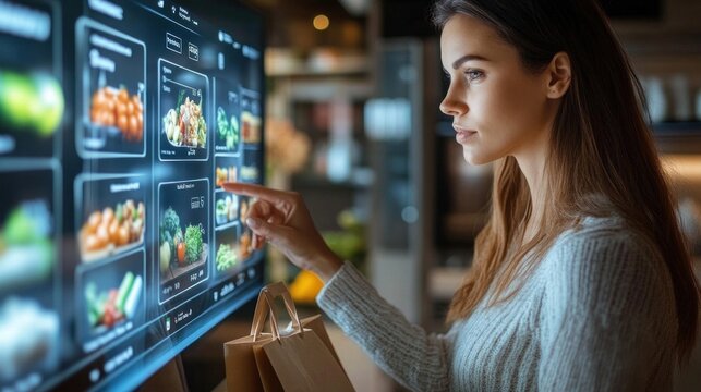 Grocery shopping. A woman interacts with a touchscreen displaying fresh ingredients. The digital interface enhances meal planning efficiency and engagement. - Powered by Adobe
