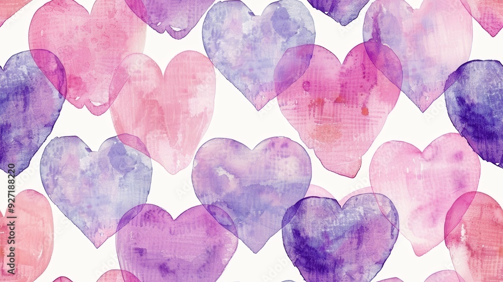 Poster this seamless pattern features a variety of overlapping heart shapes painted in shades of pink and p