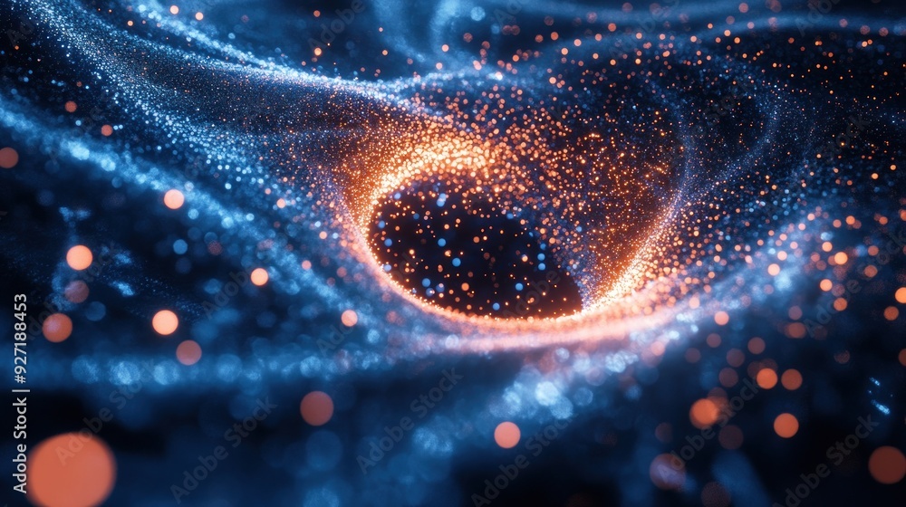 Poster abstract digital art with blue and orange particles creating a swirling vortex