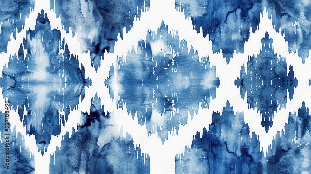 Aufkleber This is a seamless abstract ikat pattern, rendered in shades of blue. The image showcases a contemporary, modern design featuring a repeating pattern of blue shapes with a white background.