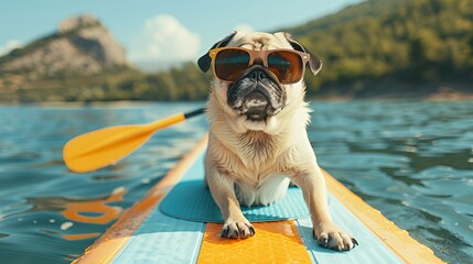 A pug dog wearing sunglasses and lying on a paddle board in a lake.