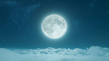 Fototapeta premium romantic, large white moon glowing brightly in a starry night sky, with wisps of clouds beneath it, creating a dreamy and serene atmosphere that evokes a sense of wonder and tranqu