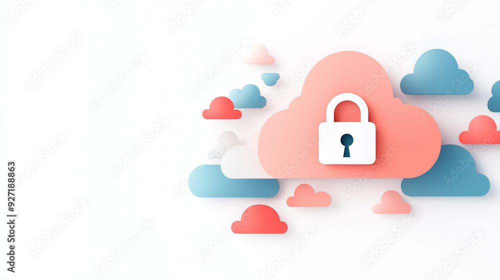 Poster abstract illustration of cloud security services, stylized cloud icon integrated with a secure padlo