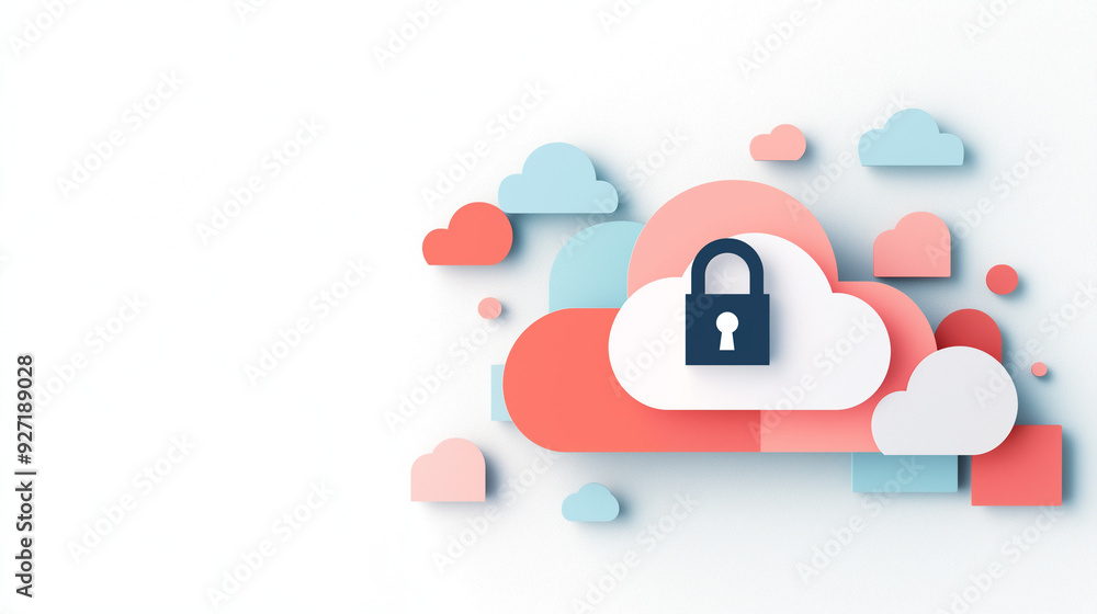 Poster abstract illustration of cloud security services, stylized cloud icon integrated with a secure padlo