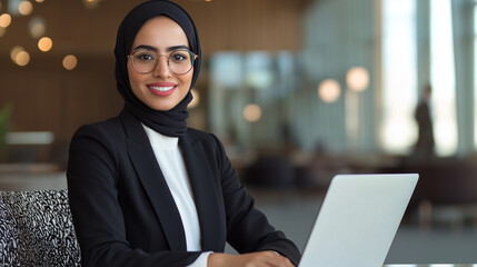 hijabi woman dressed in a black suit and glasses, sitting at a table in an office café area, working on her laptop while smiling at the camera, capturing a moment of professional c