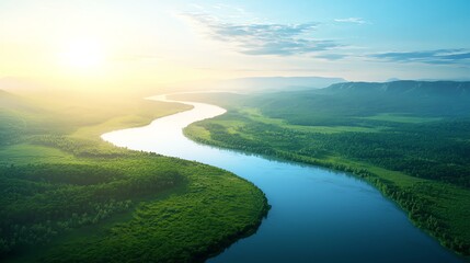 Fototapeta premium A serene aerial view of a winding river surrounded by lush greenery under the golden sunlight, ideal for nature-themed projects.