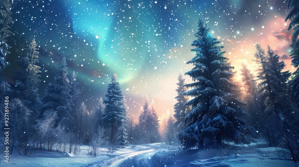 Poster A snowy path winds through a dense evergreen forest, illuminated by a stunning display of the Northern Lights. The trees are heavily laden with snow, creating a magical and peaceful winter scene.