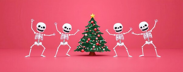 Skeletons dancing around a Christmas tree, festive lights, flat design illustration