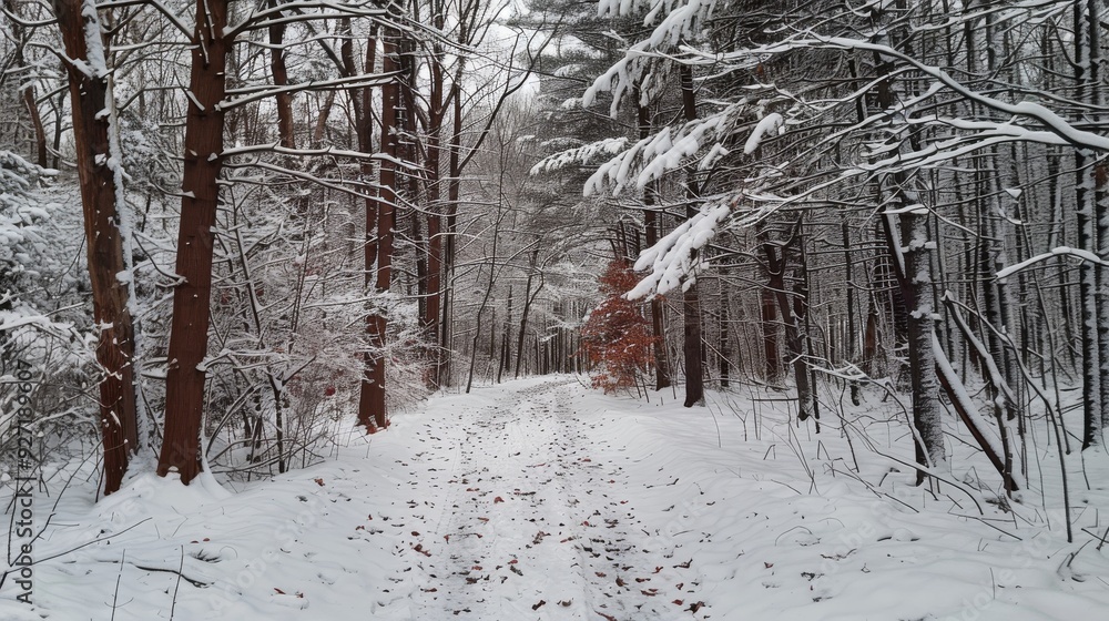 Aufkleber A snowy path winds through a dense forest, the trees covered in a thick layer of freshly fallen snow. Sunlight filters through the branches, casting long shadows on the white ground.