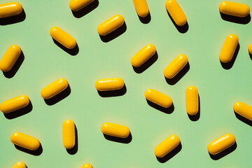 Yellow pills scattered on green background. Medication and healthcare concepts.
