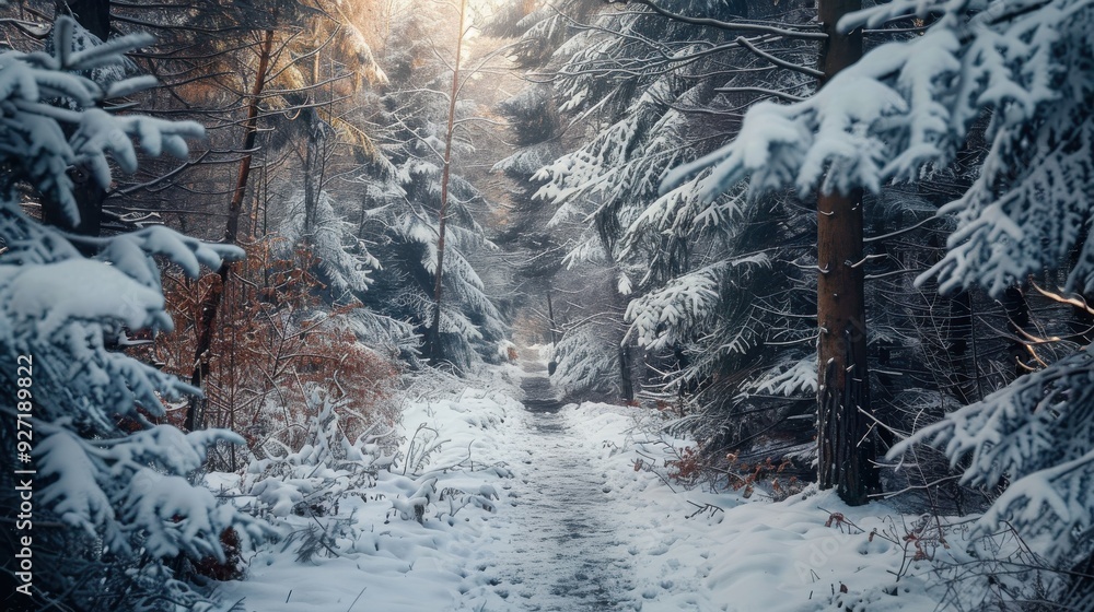 Poster A snow-covered path winds its way through a dense forest of evergreens, bathed in the soft glow of sunlight filtering through the branches.