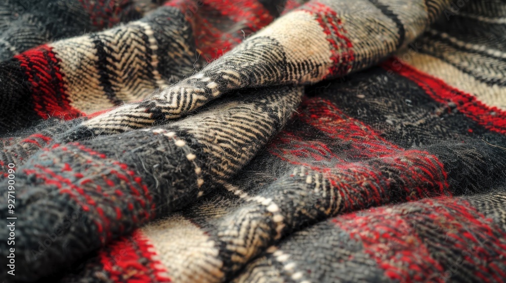 Poster A close-up image shows the detailed texture of a red and black plaid blanket with white stripes. The blanket is folded and draped in a way that reveals the intricate woven patterns and fuzzy texture o