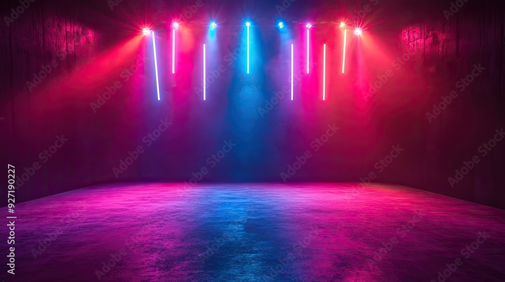 Poster empty stage with vibrant neon lights. perfect for displaying products or showcasing designs with a f