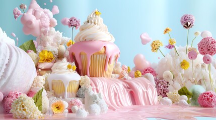 A whimsical dessert scene featuring colorful cupcakes, creamy frosting, and delightful flowers, perfect for sweet-themed designs.