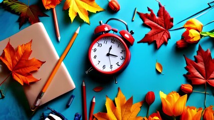 Time to Learn: Animated Flat Lay with Autumn Leaves, Flowers, and School Supplies