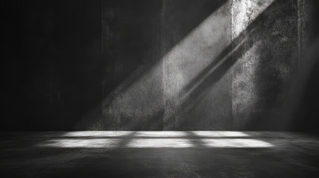 Dark grunge room with light beams. Ideal for showcasing products in a mysterious and edgy setting.